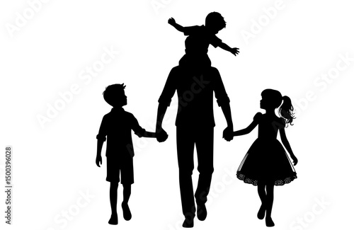 Father and Children Bonding Moment, Father holding hands with two children while carrying another on his shoulders, a moment of connection