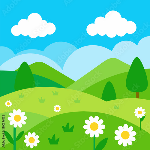 Green meadow with daisies flowers vector landscape background.