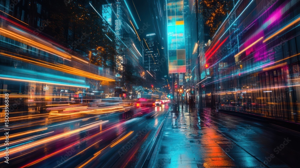Urban pulse dynamic city lights, motion blur illuminating nocturnal streets Urban pulse dynamic city lights, motion blur illuminating nocturnal streets
