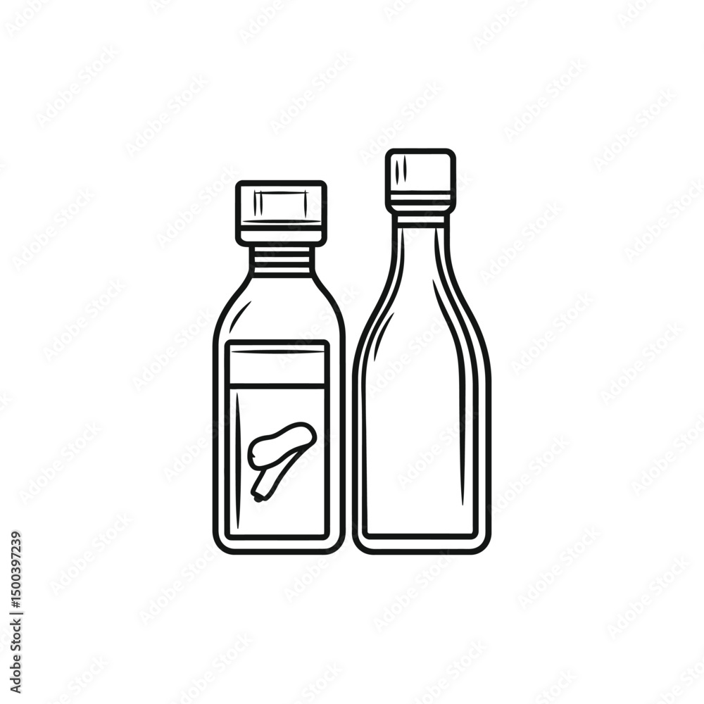 Outline reveals two glass bottles, one with beans inside it, on white Outline reveals two glass bottles, one with beans inside it, on white