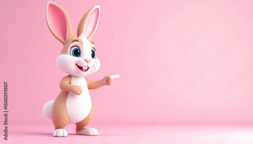Obraz premium Cute Bunny Pointing Pink Background.