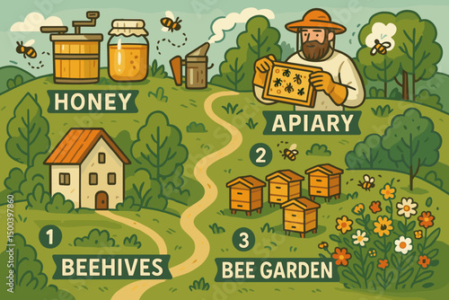 Illustrated beekeeping farm map showing apiary, beehives, and garden  