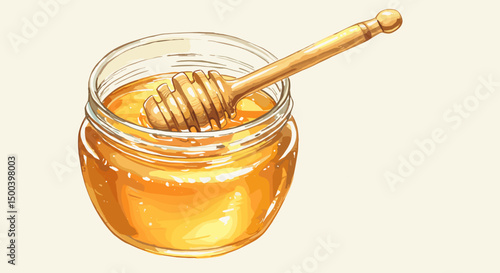 Honey jar with wooden dipper on soft background  