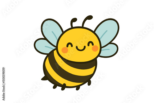 Cute cartoon bee with smiling face and blue wings  