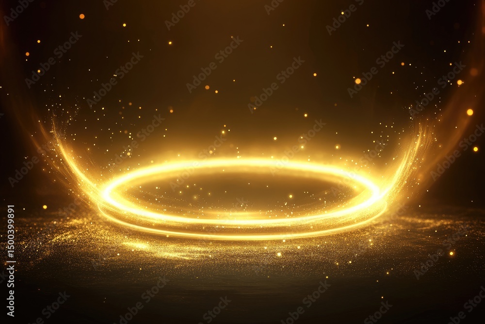 Fototapeta premium Golden ringed platform with luminous particles