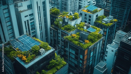 A photograph of a city with green rooftops and solar panels, Renewable, Modern and ecoconscious