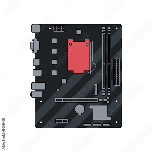 Motherboard computer component in lineal color flat vector illustration showing socket, RAM, chipset, and ports. Editable EPS. Perfect for tech, hardware, or electronic design.