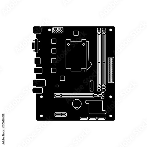 Motherboard computer component in black fill flat vector illustration showing socket, RAM, chipset, and ports. Editable EPS. Perfect for tech, hardware, or electronic design.