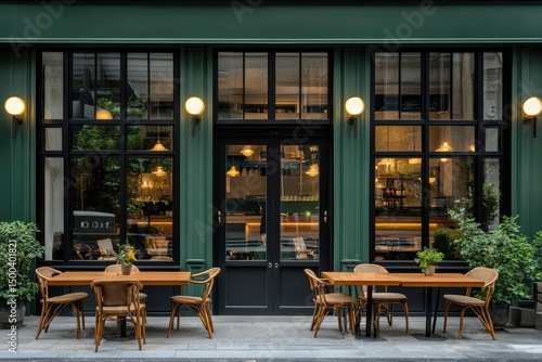 Exterior of a cafe at night. Green facade, dark windows, outdoor tables