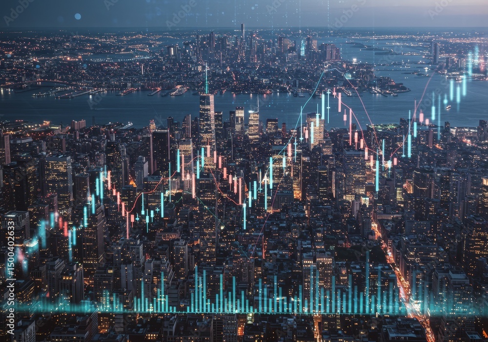 Obraz premium Aerial Cityscape at Night with Financial Graph Overlay Photo