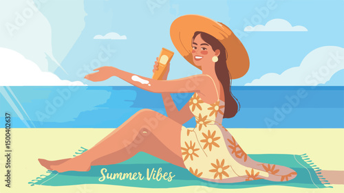 Woman applying sunscreen while sitting on beach towel, wearing summer dress and hat, enjoying sunny day by the ocean, embodying relaxation and summer vibes