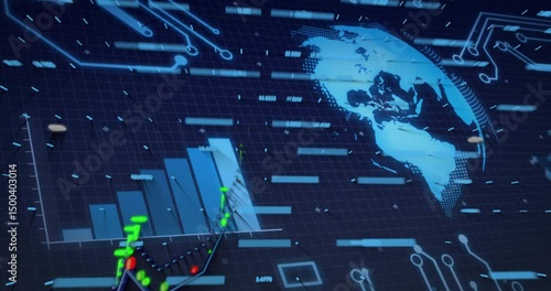 Grid filling initiating globe rotating, bar chart rising and line graph pulsing, visualizing data