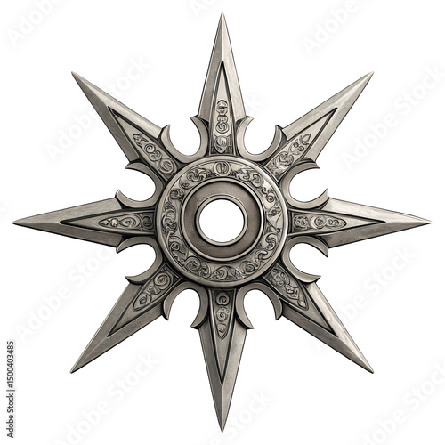Shuriken Star: A gleaming, expertly crafted shuriken star, a traditional Japanese throwing weapon, sits centered, its sharp points radiating outwards.