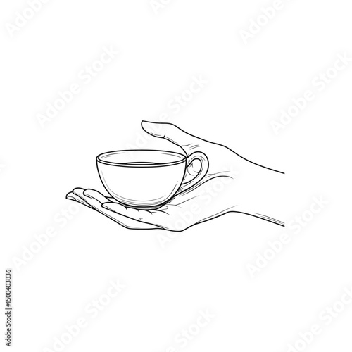 Outlined hand gracefully supports a delicate teacup, creating a minimalist and transparent background design