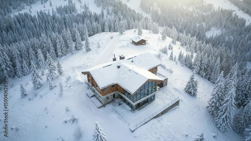 Wallpaper Mural Snowy mountain house aerial view Torontodigital.ca