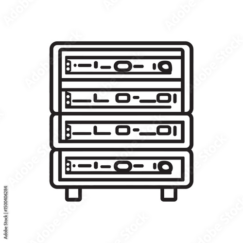 Outlined network server shows stacked equipment with simple text on white background