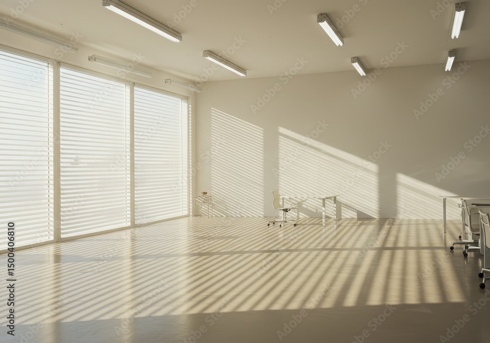 Fototapeta premium Empty White Interior Room With Geometric Shadows and Bright Sunlight