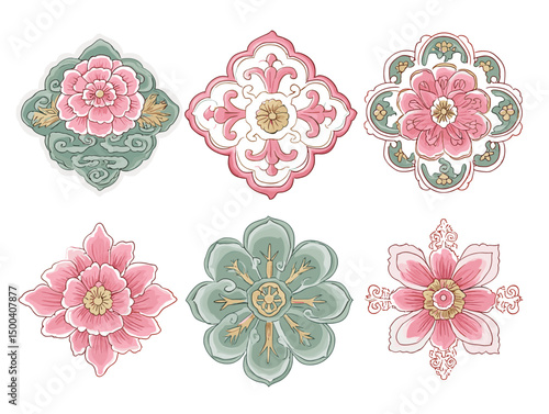 Traditional Korean Floral Motifs Set in Embroidery and Dancheong Style