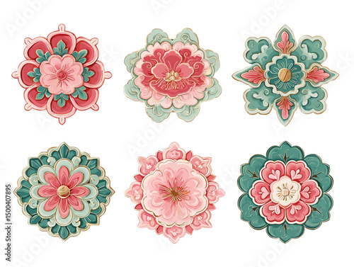 Traditional Korean Floral Motifs Set in Embroidery and Dancheong Style