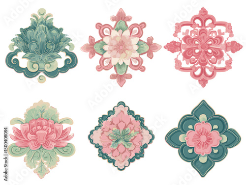 Traditional Korean Floral Motifs Set in Embroidery and Dancheong Style
