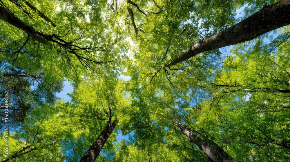 Obraz premium Forest canopy, looking up, towering trees