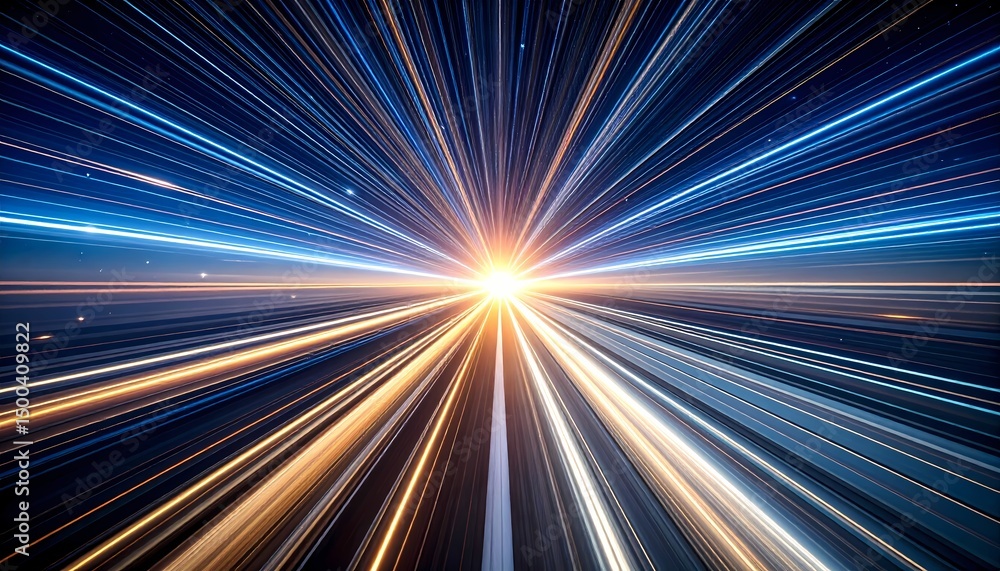 Fototapeta premium Abstract illustration of light speed or energy moving through space. The streaks of light converge towards a central point of brilliance, creating a sense of vastness and velocity.