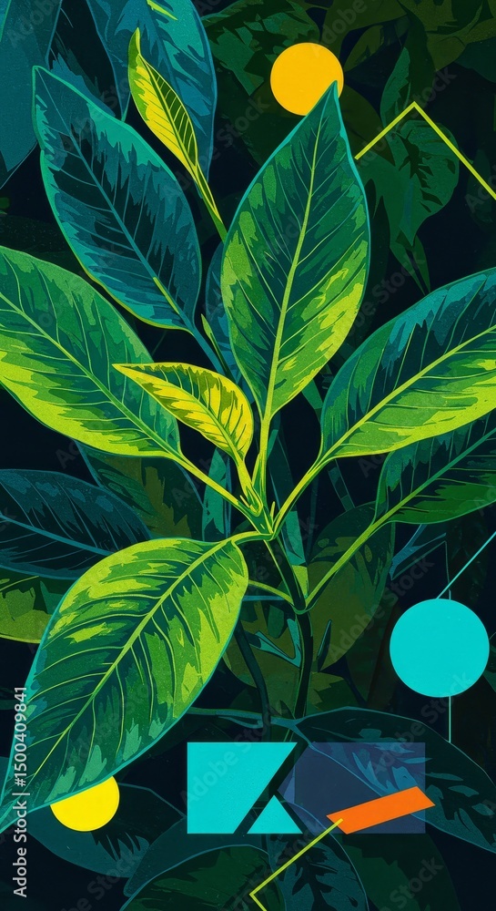 Naklejka premium Illustration Of Lush Green Leaves With Geometric Abstract Shapes On Dark Backdrop