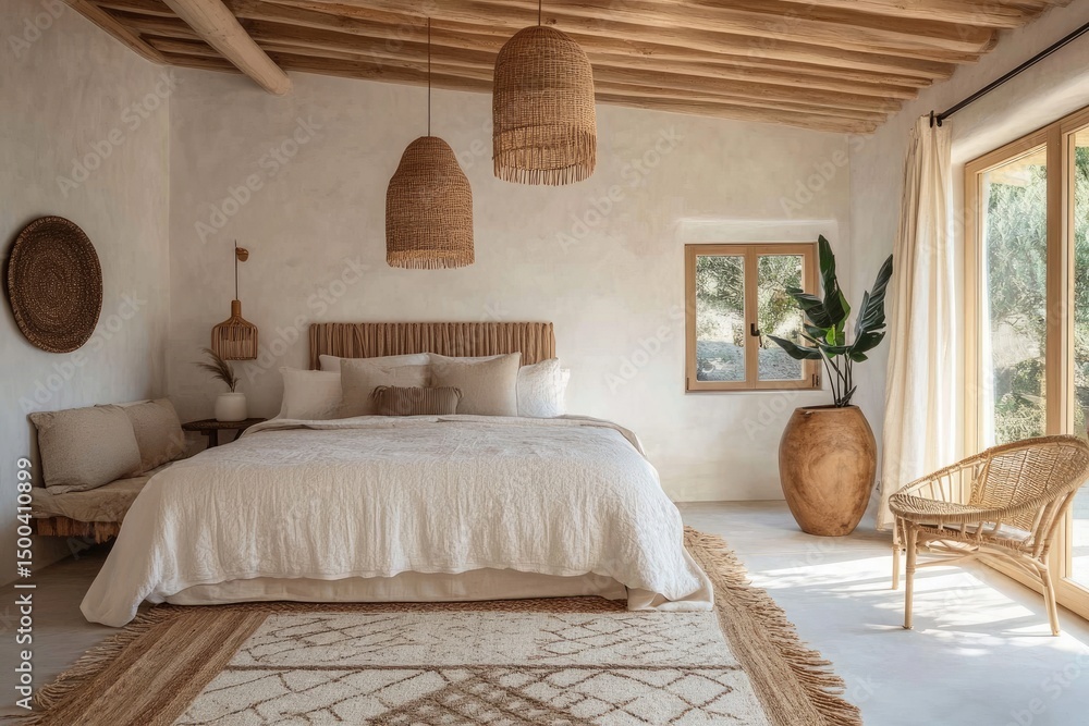 Fototapeta premium Light-filled bedroom with natural textures (1)