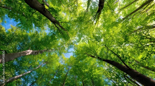 Forest canopy, looking up, towering trees