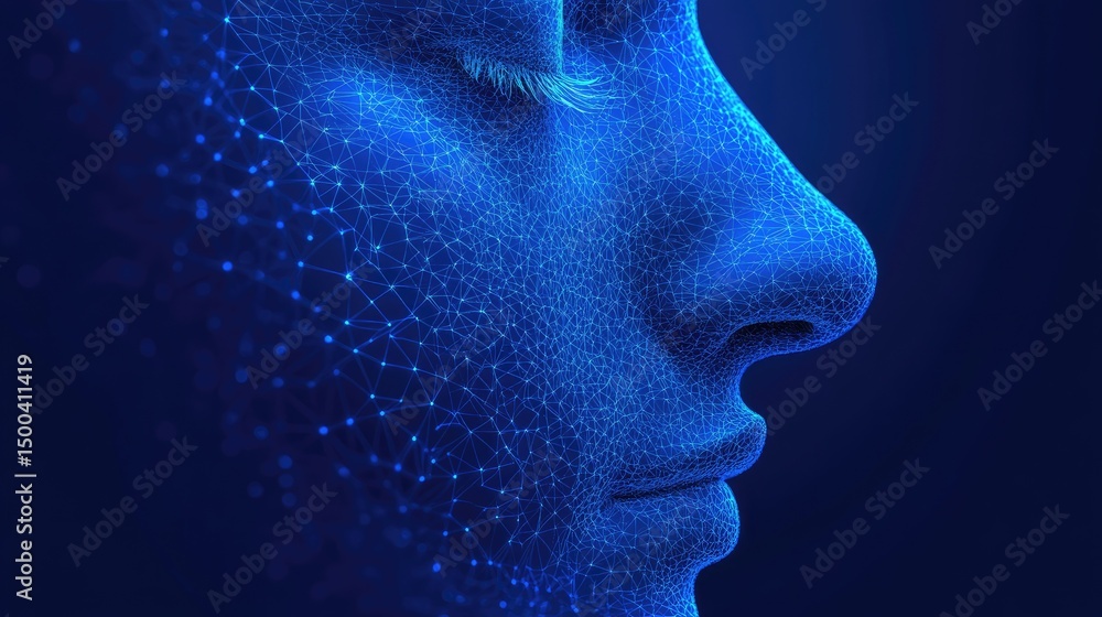AI Face with Digital Profile, and Blue Network. AI Face with Digital Profile, and Blue Network.