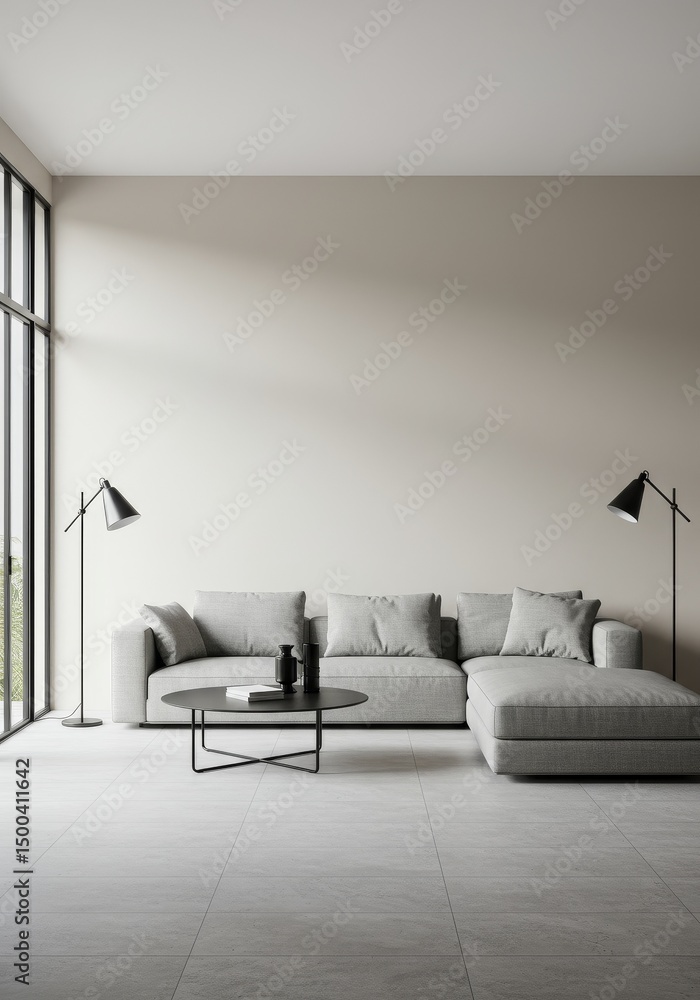 Fototapeta premium Modern Living Room Interior With Grey Sofa Neutral Colors And Natural Light Photo