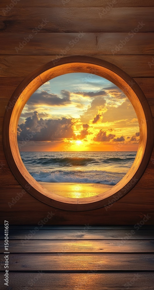 Fototapeta premium Wooden circle window on a beach sunset