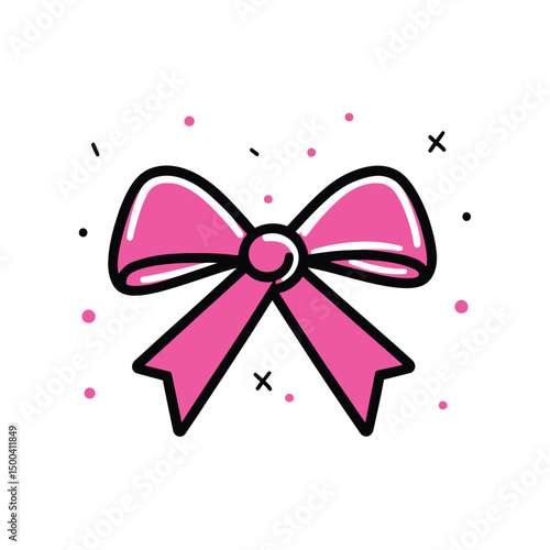 Pink bow with stylized black outline sits amidst dots and crosses on transparent backdrop