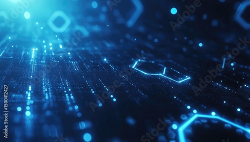 Abstract digital network, glowing blue lines and shapes on dark background