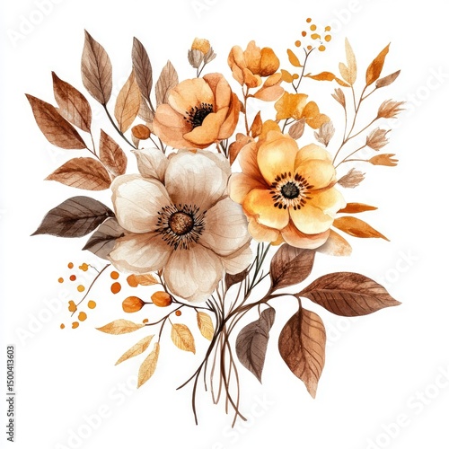 Watercolor bouquet of muted autumn flowers and leaves (1)