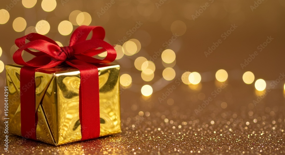 Photo Of Golden Gift Box With Red Ribbon On Shiny Bokeh Background Photo Of Golden Gift Box With Red Ribbon On Shiny Bokeh Background