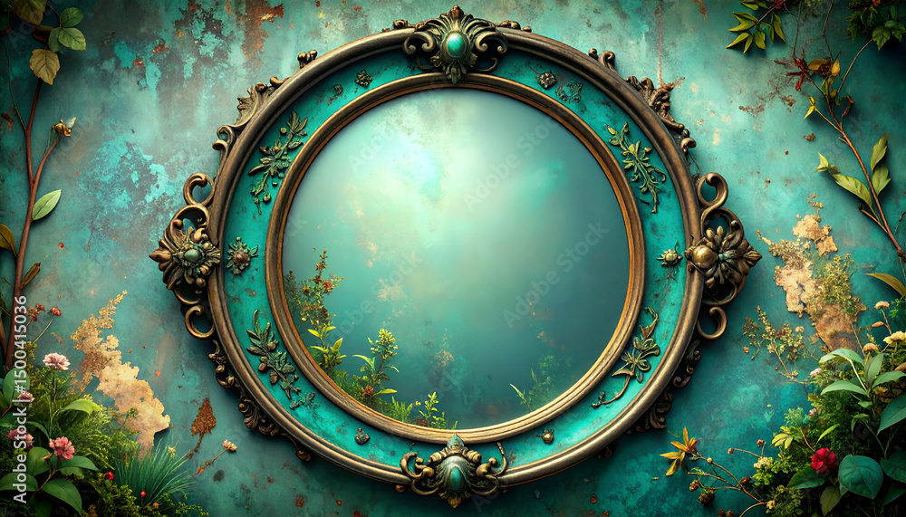 Obraz premium Antique Teal Frame Botanical Mirror Reflection Fantasy Art