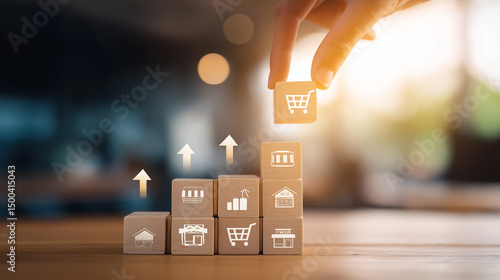 Franchise business growth and expansion concept. Hand stacking wooden blocks with store and arrow icons, franchise business growth, expansion, success entrepreneurship, market development, online shop