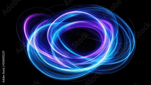 Abstract swirling rings of vibrant blue and purple light on a black background