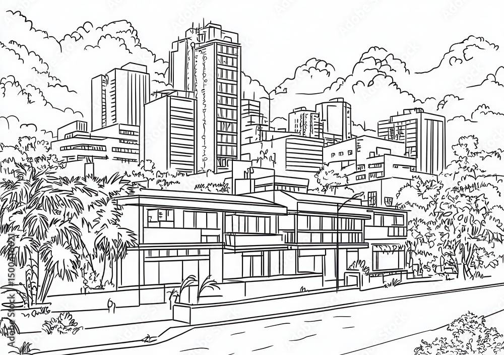 Naklejka premium Skyline urbana in bianco e nero, stile schizzo