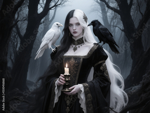 A woman in a luxurious medieval dress, holds a candle in a gothic candlestick, long hair parted in half, one side of the hair is white, the other side of the hair is black, on one shoulder of the woma