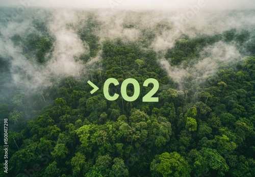 Aerial view of a lush rainforest canopy, with the text 