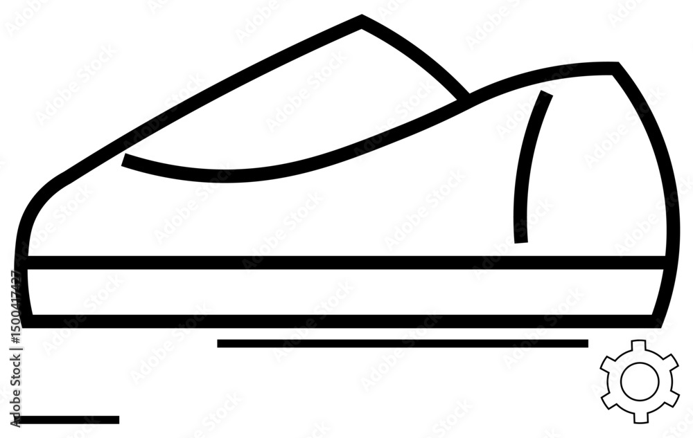 Outlined sneaker with curved lines and a gear element symbolizing design, customization, and technical innovation. Ideal for footwear, innovation, creativity, development, ecommerce, sports branding Outlined sneaker with curved lines and a gear element symbolizing design, customization, and technical innovation. Ideal for footwear, innovation, creativity, development, ecommerce, sports branding