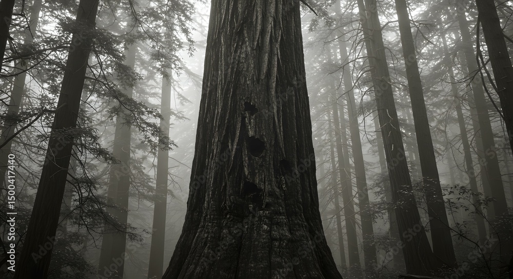 Naklejka premium Majestic Redwood Tree in Misty Forest A Black and White Photograph of Nature's Grandeur