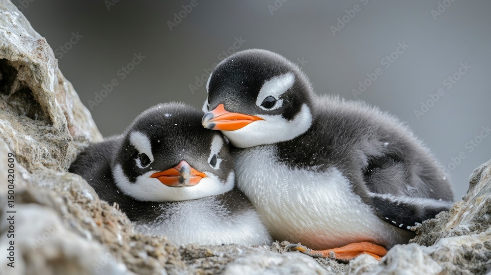 Fototapeta premium Two Adorable Gentoo Penguin Chicks Huddled Together in Nest