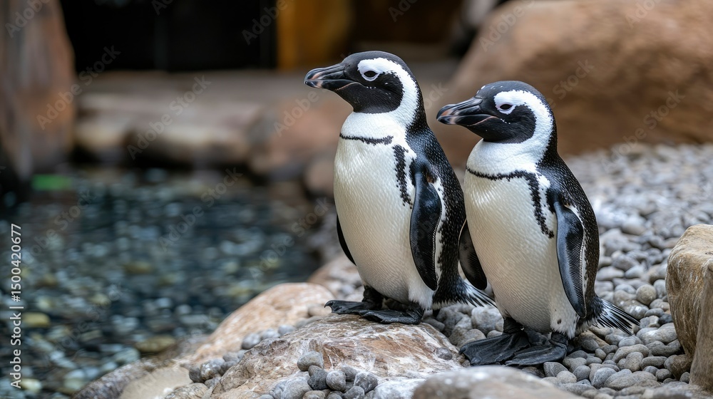 Fototapeta premium Two African Penguins Standing on Rocks Near Water