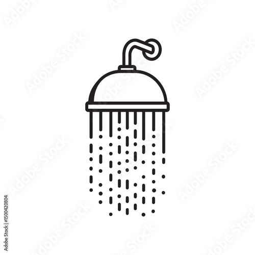 Shower head dispensing water is illustrated in simple black lines on transparent background
