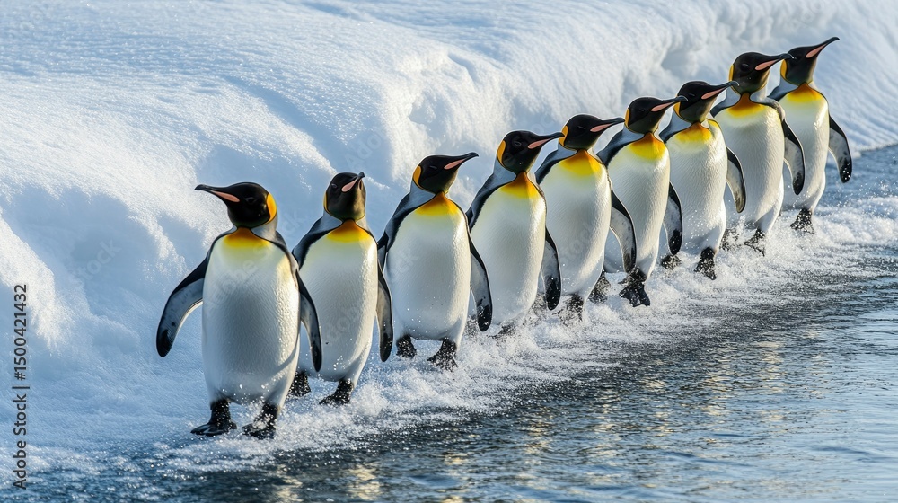 Obraz premium King Penguins March in Single File Through Melting Snow and Water