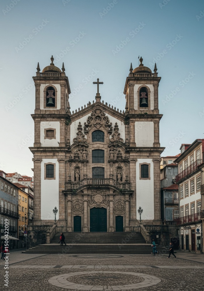 Obraz premium Photo of a Grand Architectural Church in Porto with Blue Sky and Decorative Details