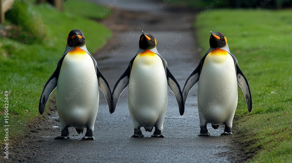 Fototapeta premium Three King Penguins Walking Together on a Path